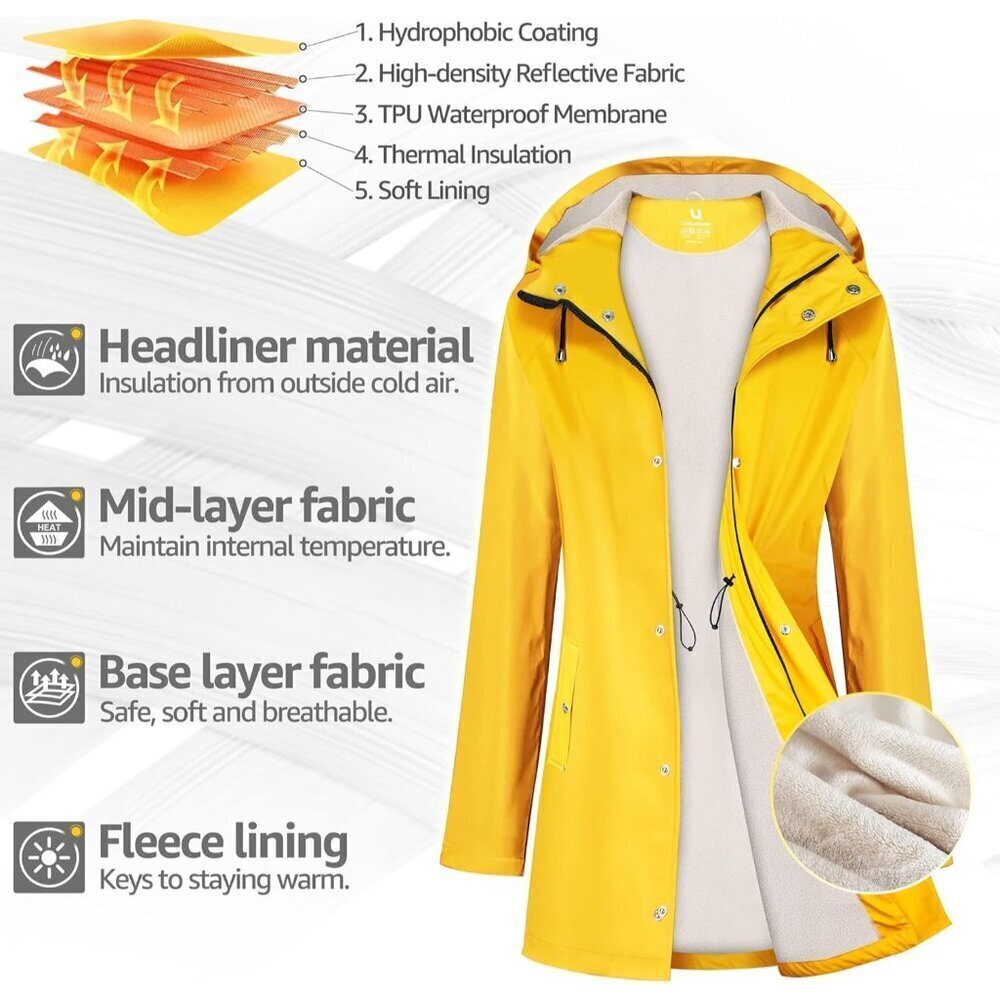 Women Yellow Fleece Long Hooded Waterproof Rain Windbreaker Trench Coat Outdoor - Picture 3 of 5
